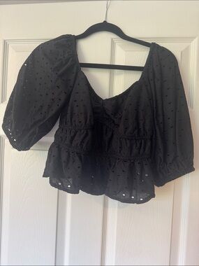 a new day Black Eyelet Puff Sleeve Peplum Top
